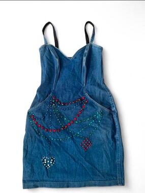 Vintage 80s  Denim RhinestoneDress Sweetheart Neckline Bedazzled Made in USA